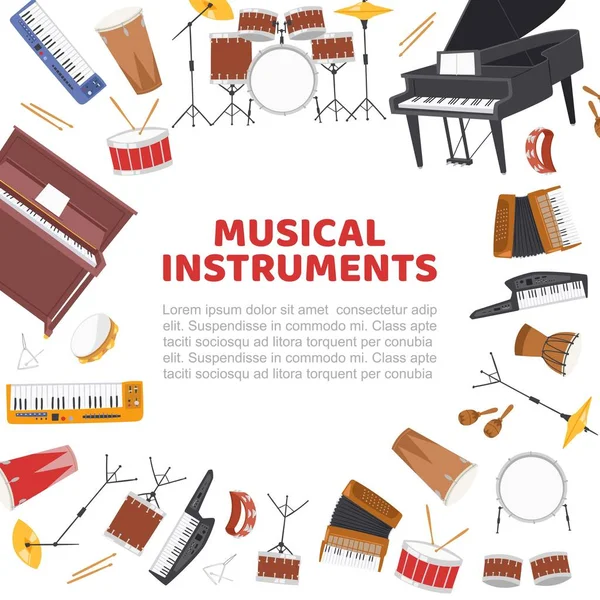 音乐乐器框架为现场音乐会矢量海报插图. 鼓、爵士乐队乐器、钢琴和乐谱节拍的设计. — 图库矢量图片