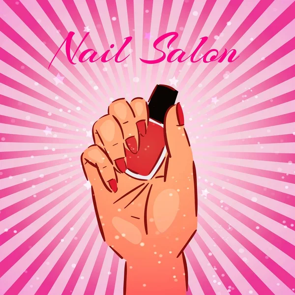Salón de uñas fondo vintage con la mano manicura femenina y esmaltador de uñas botella rosa ilustración vector de dibujos animados . — Archivo Imágenes Vectoriales