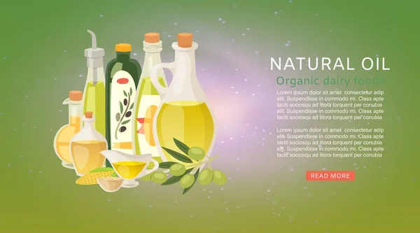 Přírodní organické oleje s extra panenským olivovým olejem a kukuřičné zeleninové láhve s olivovým bannerem vektorové ilustrace. — Stockový vektor