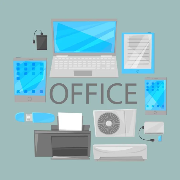 Group computer office equipment vector illustration. Laptop, monitor, tablet pc, smartphone and printer keyboard, photo camera, condition. Office electronics digital equipment. — ストックベクタ