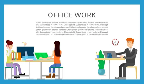 Business office working cartoon characters man and women vector illustration. Office workers, partners, successful work at office. Concept of teamwork banner.