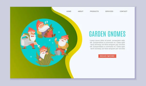 Garden gnomes web template vector illustration. Dormir engraçado, regar plantas e segurar anão de espátula. Conto de fadas. Figuras de gnomos fantásticos de jardim . — Vetor de Stock