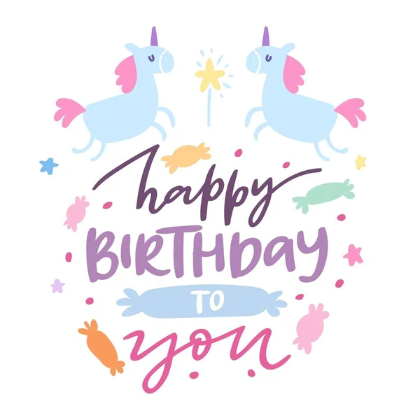 Happy Birthday Karte mit niedlichen Einhörnern Baby Showel Vektor Cartoon-Illustration. Märchenhafte Fantasievorlage für Geburtstagskarten, Poster, Babytücher und Spielzeug. — Stockvektor