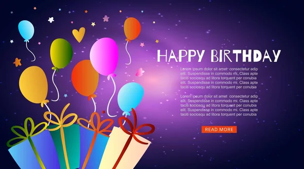 Colorful bunch of happy birthday balloons flying for party and celebrations and gift boxes with text on stary night background vector illustration. Happy birthday stars card. — Stock Vector