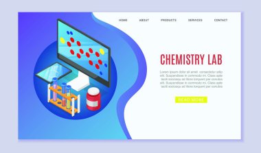 Kimya laboratuvarı web sitesi vektör şablonu çizim konsepti. Kimya laboratuarının çalışma alanı. Kimyasal reaksiyonlar, atom araştırma web sayfası.