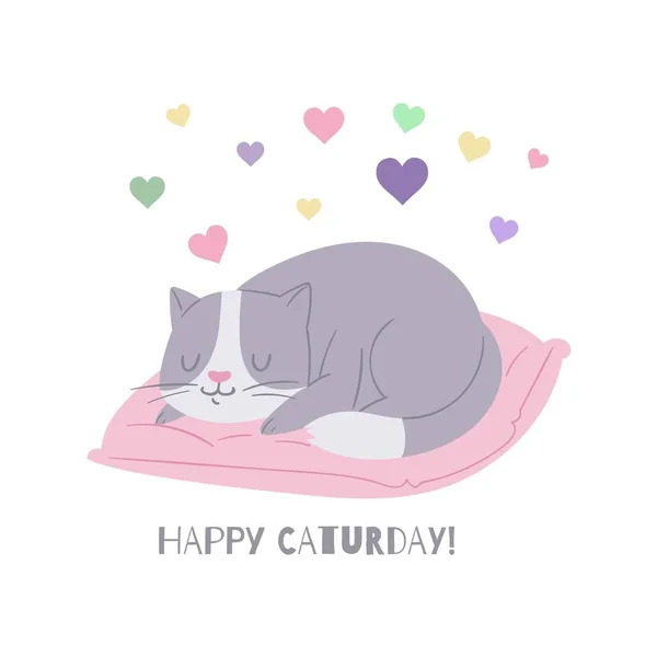 Cute cat, cartoon kitten dreaming on pillow vector illustration. Grey and white kitty with love hearts birthday card. Home pet animal cat poster. — Stockový vektor
