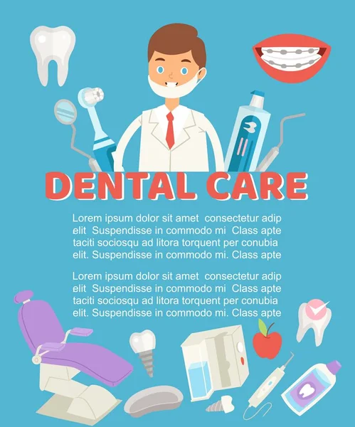 Illustrazione del vettore del manifesto di cura dentale. Filo interdentale, denti, bocca, pasta dentaria e strumenti medici dentisti con medico dentista e tipografia . — Vettoriale Stock