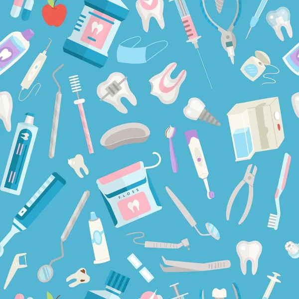 Dental care seamless pattern vector illustration. Dental floss, teeth, mouth, tooth paste and medical dentist instruments on blue background.