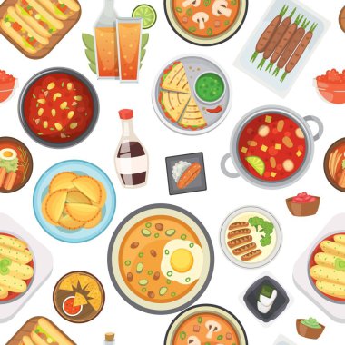 Akşam yemeği, öğle yemeği ve kusursuz fast food kalıpları, vektör çizimi. Abur cubur ve sağlıklı yemek geçmişi. Çorba, pizza, sosisli sandviç, patates kızartması ve turta. Restoran menüsü için.