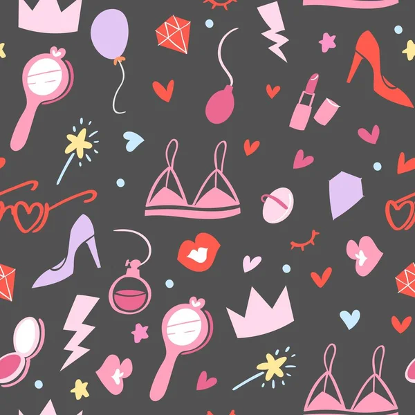 Girls seamless pattern print vector illustration. Women shoes, makeup and hearts elements ...