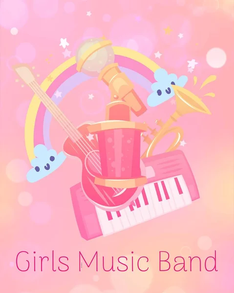 Musical children toys for girs vector illustration. Toy store, kindergarten kids games. Musical synthesizer with trumpet, guitar and cute rainbow on girlish pink background. — 스톡 벡터