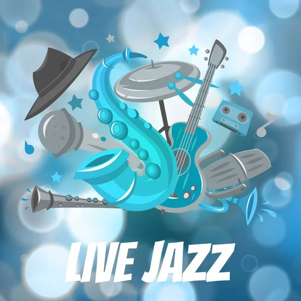 Live Jazz festival and Jazz music party vector poster illustration with saxophone, drum and guitar on blur bokeh backdrop . — стоковый вектор