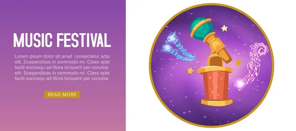 Музыкальный фестиваль фиолетовый баннер с музыкальными нотами и статуэткой микрофона развлечения для победителя или топ исполнителя достижения векторной иллюстрации . — стоковый вектор