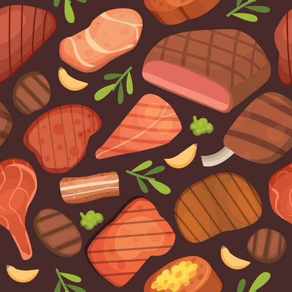 Filetes de carne de res, menú de parrilla para restaurante, barbacoa y comida de carne patrón sin costuras, ilustración vectorial . — Vector de stock