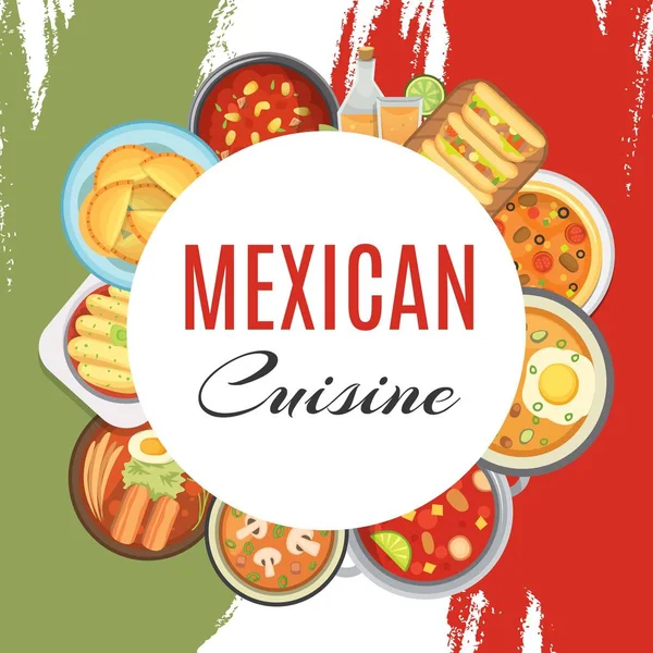 Cocina Mexicana y comida cartel promocional con comida tradicional e ingredientes en grunge mexica nacional colores vector ilustración . — Archivo Imágenes Vectoriales