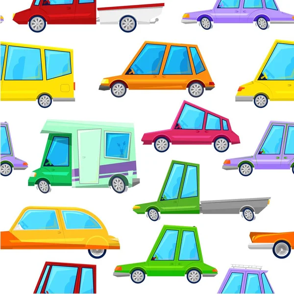 Coches de dibujos animados niños vector patrón sin costura, ilustración de vectores. Patrón de transporte para niños, niños. Vehículo lindo de los coches del juguete para el diseño del vivero . — Vector de stock