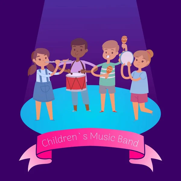 Kids music band playing and rocking at spot light lit stage festival, vector cartoon illustration. Glowing young stars school children playing musical instruments. Young musicians concert. — 스톡 벡터