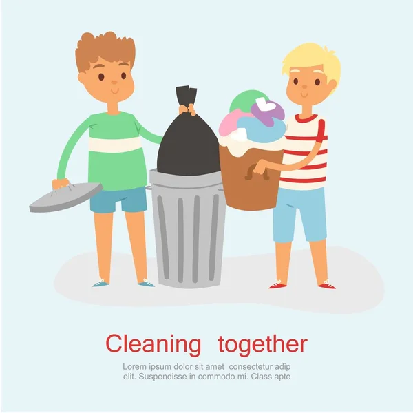 Giovani bambini dei cartoni animati che aiutano con la spazzatura e la pulizia dei rifiuti vettoriale illustrazione. Ragazzi carini aiutano con spazzatura e spazzatura. Concetto di infanzia e pulizia . — Vettoriale Stock