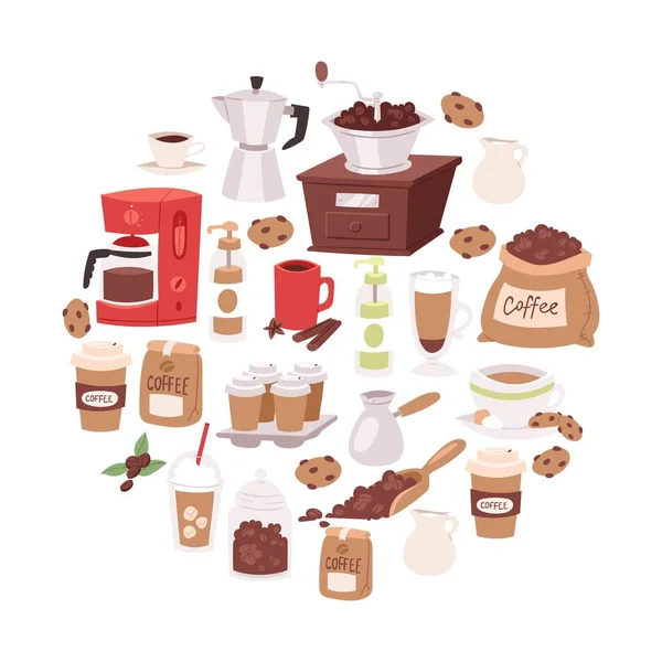 Imagen vectorial de objetos de dibujos animados de café. Bebida de café colección de símbolos en círculo. Taza de bebida, taza de espresso, bolsa de granos de café y cafetera, molino de mano y galletas . — Archivo Imágenes Vectoriales