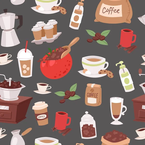 咖啡卡通人物矢量无缝图案。咖啡饮料符号集合的示例。杯子、一杯浓缩咖啡、一袋咖啡豆和咖啡机、手磨机和饼干. — 图库矢量图片