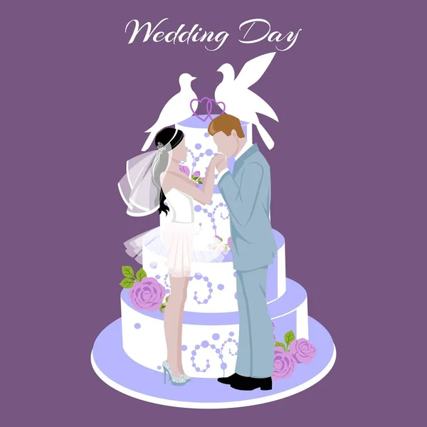Γαμήλια τούρτα διακοσμημένη με κρέμα, δύο περιστέρια, λουλούδια και μια νύφη και γαμπρός κορυφές, εικονογράφηση φορέα κινουμένων σχεδίων. Κάρτα πρόσκλησης για την ημέρα του γάμου με τούρτα. — Διανυσματικό Αρχείο