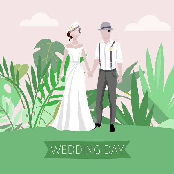 Boda día de verano con novia y novio al aire libre en el verde plantas fondo vector ilustración. Hermosos novios. Matrimonio y boda naturaleza día . — Vector de stock