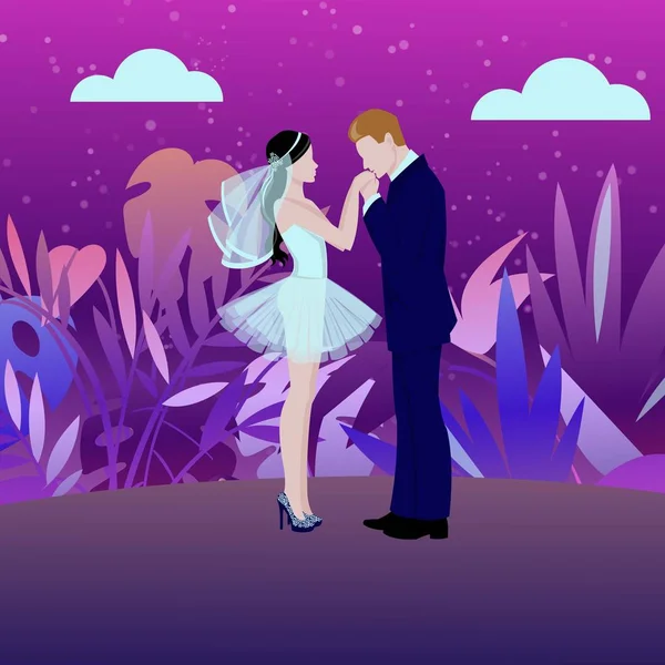 Весільний день фон з нареченою і нареченим, а також ніч на відкритому повітрі мультфільм Векторні ілюстрації. Красива наречена і наречена. Шлюб і весілля вночі . — стоковий вектор