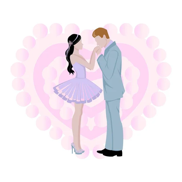 Wedding background with bride and bridegroom and pink heart cartoon background vector illustration. Beautiful bride and groom. Marriage and wedding invitation. — 스톡 벡터