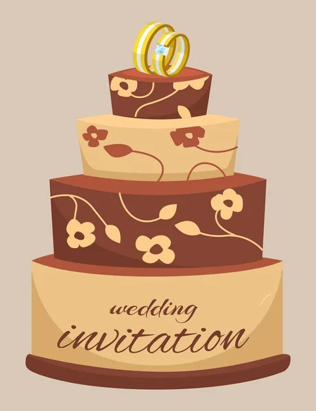 Krema, yüzük, çiçek ve davetiye kelimeleriyle süslenmiş düğün pastası, karikatür vektör çizimi. Düğün günü için davetiye ve pasta.. — Stok Vektör