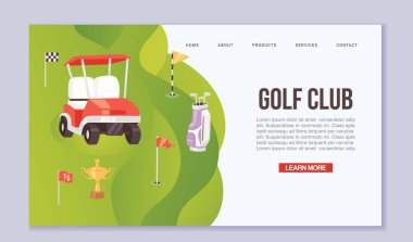 Golf turnuvası çizgi filmi web şablonu çizimi. Yaz sporları yarışması ve açık hava eğlencesi. Yeşil arka planda golf sopası, araba ve kırmızı bayraklı çanta.