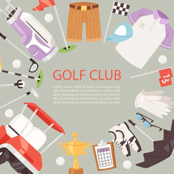 Klub golfowy plakat kreskówki tle wektor ilustracji. Torba z klubów golfowych, tkaniny, samochód do golfa i czerwona flaga, kielich zwycięzcy i klub golfowy cytat. — Wektor stockowy