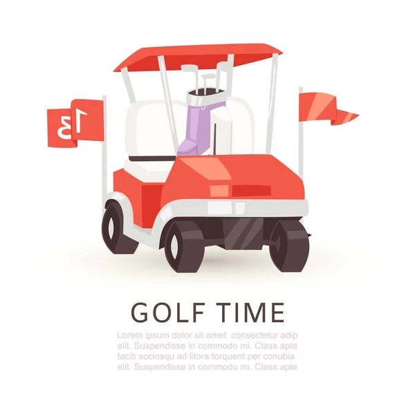 Golf czas kreskówki plakat wektor ilustracji. Letni konkurs sportowy. Samochód golfowy z flagą izolowane na białym tle. Plakat lub baner Golf Time. — Wektor stockowy
