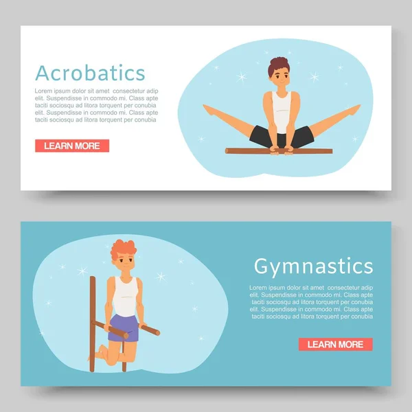 Gymnastic training and acrobatics on horizontal bar sport cartoon web vector illustration. Artistic gymnasts banners set. Male gymnastics and acrobatics for website. — 스톡 벡터
