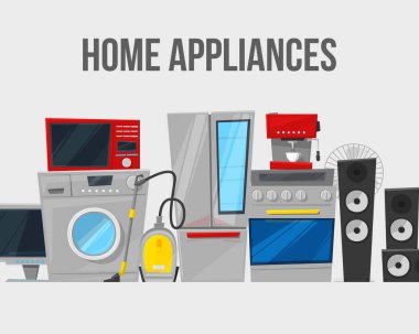 Ev aletleri ve elektronik vektör şablonu çizimi. Çamaşır makinesi, kahve makinesi, buzdolabı, ev halkı için mikrodalga. Ev aletleri posteri.