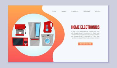 Ev aletleri ve ev aletleri ve elektronik vektör web sitesi şablonu. Kahve makinesinin, buzdolabının, mikrodalganın bilgisayar aracılığıyla çevrimiçi siparişin bir tasviri. Ev aletleri.