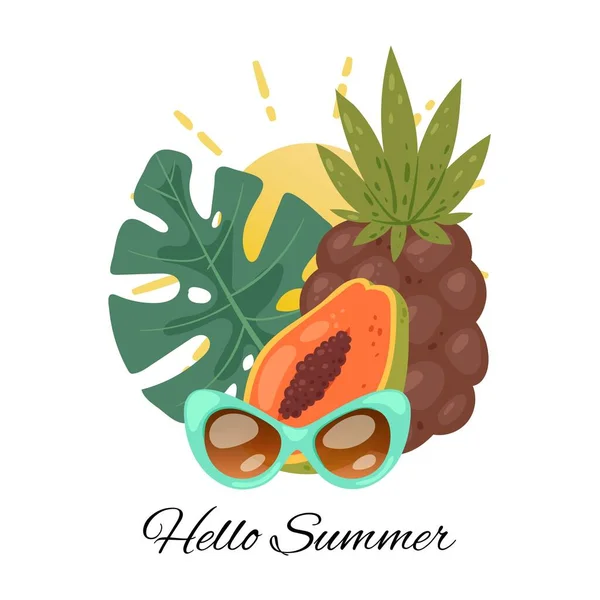 Hej sommar, tropisk sommar vektor illustration. Ananas, solglasögon, tropiska monstera blad och sol. Logotyp, affisch, meny, banderoll. Solglasögon och hallå sommartid. — Stock vektor