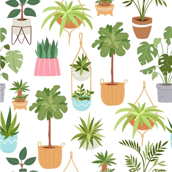 Home groene potplanten vector naadloos patroon. Cartoon illustratie van thuis geïsoleerde planten op wit voor textiel, verpakking decoratie. — Stockvector