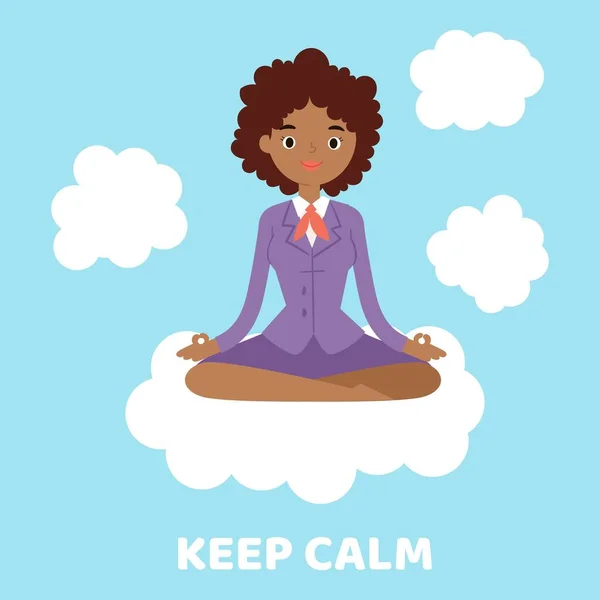 Mantenga la calma relajarse espiritual zen equilibrio loto yoga concepto vector ilustración. Mujer de negocios de piel negra haciendo yoga en las nubes tratando de mantener la calma bajo presión de estrés problema . — Archivo Imágenes Vectoriales