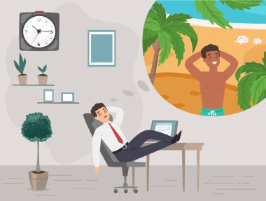 İş adamı tropik ada seyahati tatil vektör illüstrasyonunda tatil hayali kuruyor..