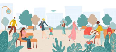 Çinli ve çocuk karakterlerinde Coronavirus salgını şehir vektör ilüstrasyonunda sokakta koruyucu yüz maskesi takan karakterler.