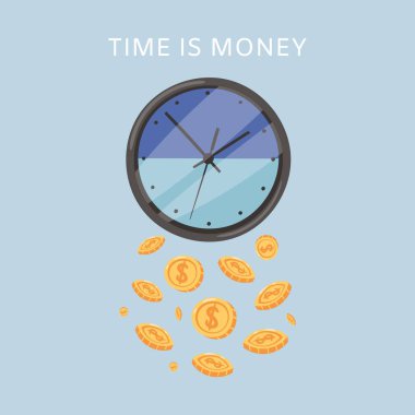 Etkili zaman yönetimi, zaman para karikatürü saat-yüz ve düşen altın paraların vektör çizimi. Zaman paradır, organizasyon.