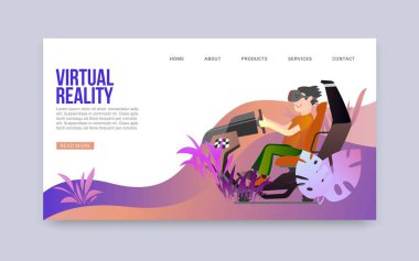 Sanal arttırılmış gerçeklik vektör ağı. VR gözlüklü genç adamın oturduğu koltukta moto yarışı oynarken ve eğlenirken görüntüsü. Sanal gerçeklik web sitesi.