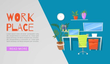 Web ya da afiş için işyeri vektör illüstrasyonu. Modern ofis içi çalışma yeri. Çalışma mobilyası, bilgisayar masası, sandalye ve bitki..