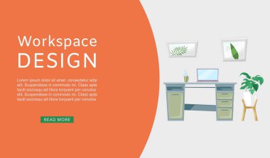 Çalışma alanı iç tasarım vektör illüstrasyon web pankartı. Çalışma masası, bilgisayar masası, sandalye, bitki ve duvardaki resimlerle modern ofis içi çalışma yeri.