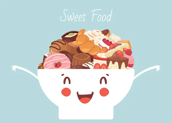 Rolig kawaii skål med söt mat och desserter vektor illustration. Affisch med kakor, bageri och bakverk. Bakverk dessert med söt mat, kaka, grädde cupcake, choklad och munk. — Stock vektor
