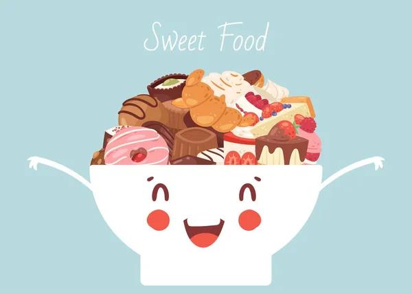 Ciotola kawaii divertente con dolce cibo e dessert vettoriale illustrazione. Poster con torte, panetteria e pasticceria. Pasticceria dolce con cibi dolci, torta, cupcake alla panna, cioccolatini e ciambelle . — Vettoriale Stock