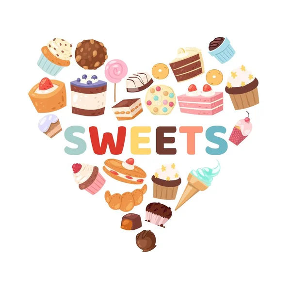 Sweets heart vector illustration with candies, cakes, bakery and pastry. Pastry dessert poster with sweets cake, cream cupcake, chocolates and donut in heart shape. — 스톡 벡터