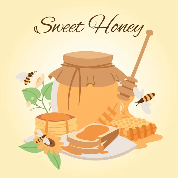 Produtos de mel ilustrações de desenhos animados vetoriais. Frasco de mel, abelhas, pedaços de favo de mel e bolos. Mel orgânico e natural. Girassol e abelha alimentos . — Vetor de Stock