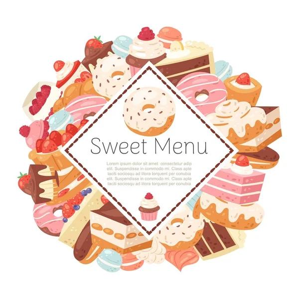 Snoep en gebak menu poster, vector illustratie. Banner met gebak, bakkerij, snoep en gebak. dessertposter met taart, roomcupcake, muffin, chocolade en donuts voor het menu. — Stockvector