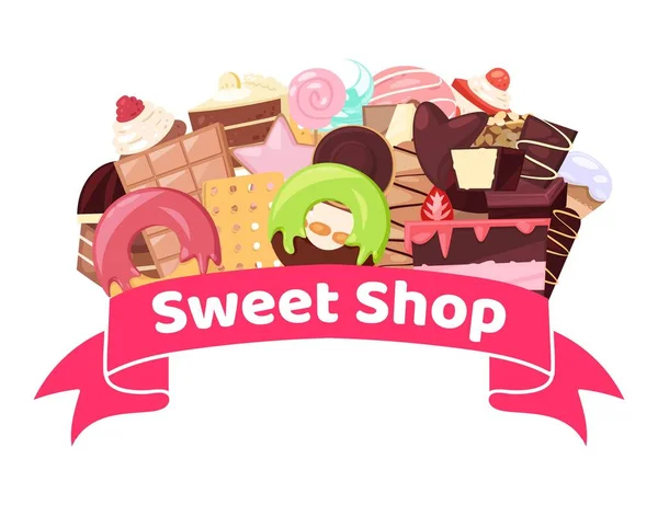 Ilustración del vector de la tienda de dulces con banner de insignia con caramelos, pasteles, panadería y pastelería. Pastelería postre tienda de dulces con pastel, magdalena crema, chocolates y donas aislados en blanco . — Archivo Imágenes Vectoriales